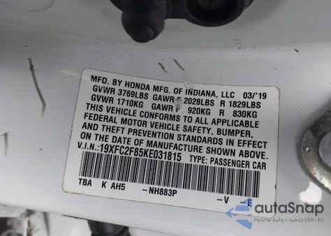 2019 Honda Civic Sport из США, поврежденный, VIN 19XFC2F85KE031815